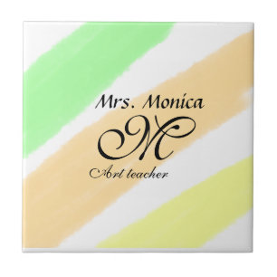 Art teacher yellow green watercolor stripes name tile