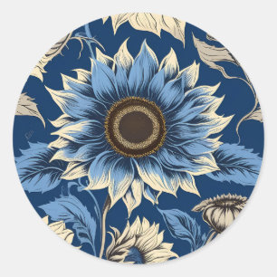 Art vintage blue sunflower pattern classic round sticker