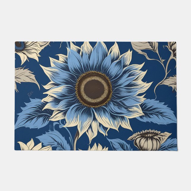 Art vintage blue sunflower pattern doormat (Front)