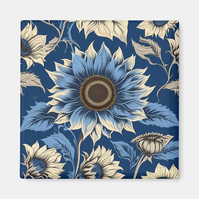 Art vintage blue sunflower pattern magnet (Front)