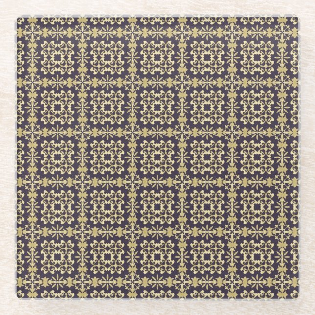 Art vintage damask pattern, golden glass coaster (Front)