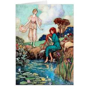Art vintage - fée à l'étang se reflétant -