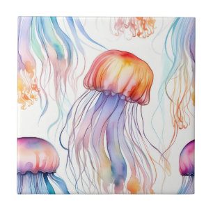 Art watercolor jellyfish abstract colourful tile