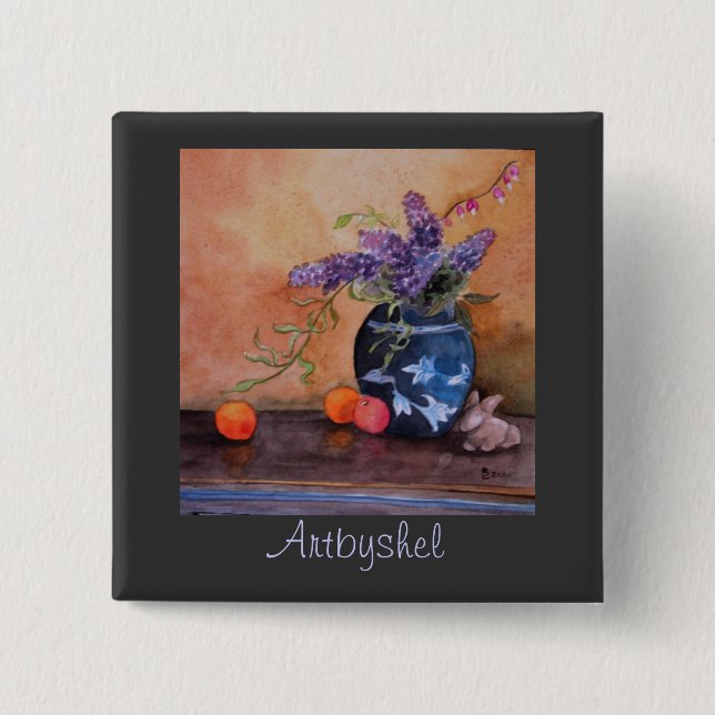 Artbyshel lilacs and bunnies 2 inch square button (Front)