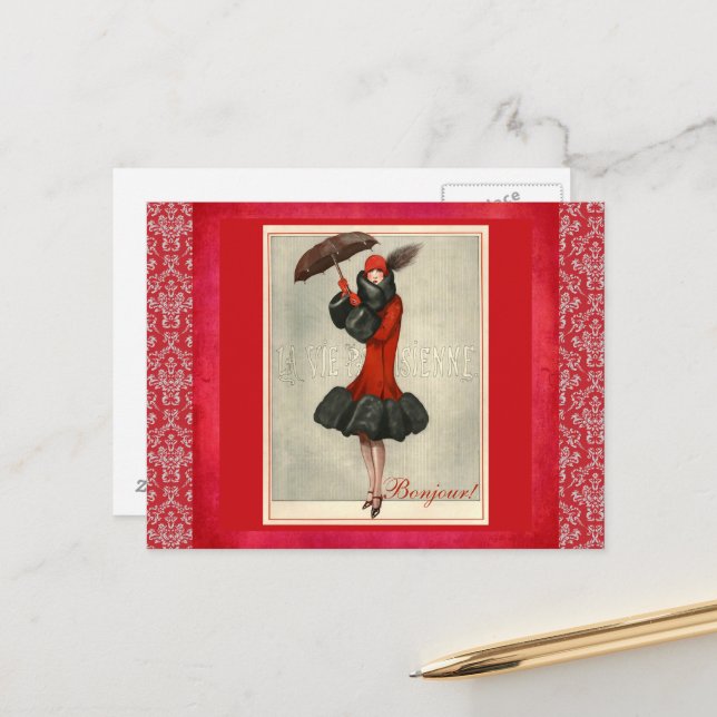 ArtDeco Red Flapper French Fashion Damask Postcard (Front/Back In Situ)