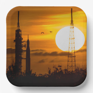 Artemis Moon Rocket at Dawn Paper Plate