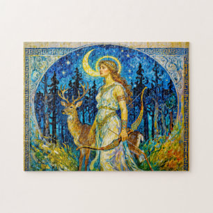 Artemis with Deer and Bow in a Starry Forest Night Jigsaw Puzzle