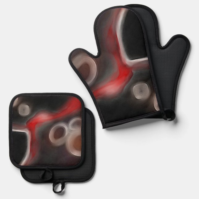 Arterial Motif: Abstract Black, White & Red Oven Mitt & Pot Holder Set (Front/Back)
