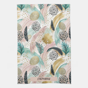 Artful Botanical Brushstroke & Gold Abstract Kitchen Towel