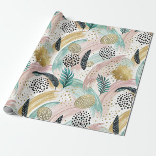 Artful Botanical Brushstroke & Gold Abstract Wrapping Paper