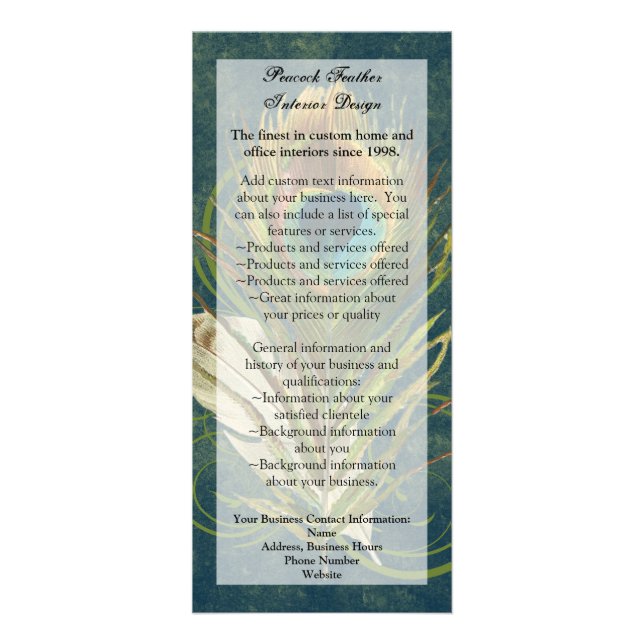 Artful Detail Peacock Feather Rack Card, Menu, Ad Card (Front)