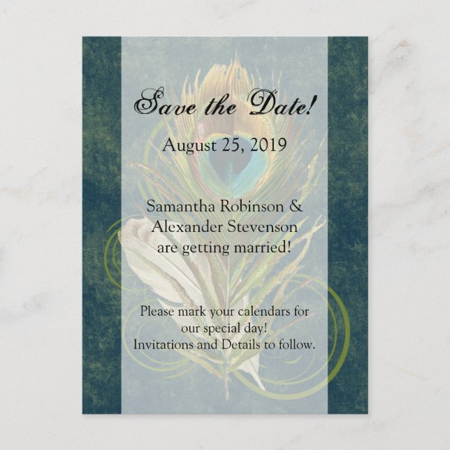 Artful Detail Peacock Feather Save the Date Announcement Postcard (Front)