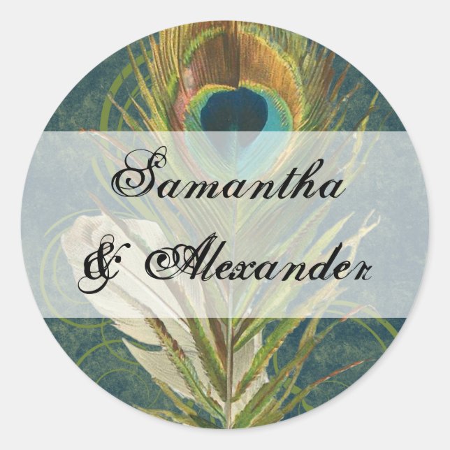 Artful Peacock Feather Envelope Seals or Stickers (Front)