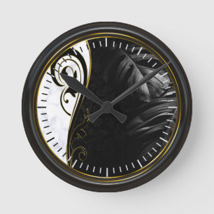 Artfully Black Framed, White Marble, Graphic Round Clock