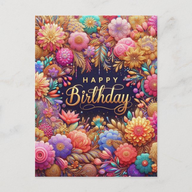 Artfully Designed Floral Birthday Postcard (Front)