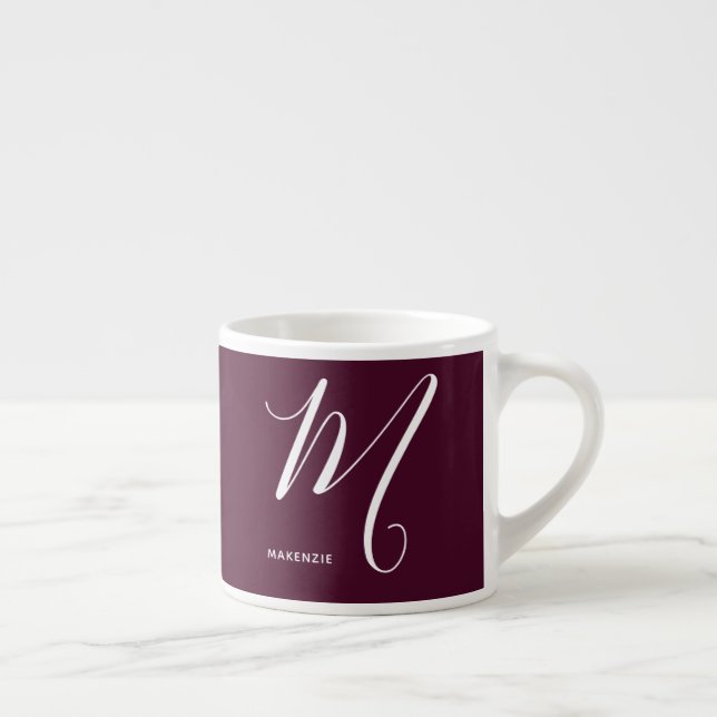 Artfully Monogrammed Script Letter M Burgundy Espresso Cup (Right)