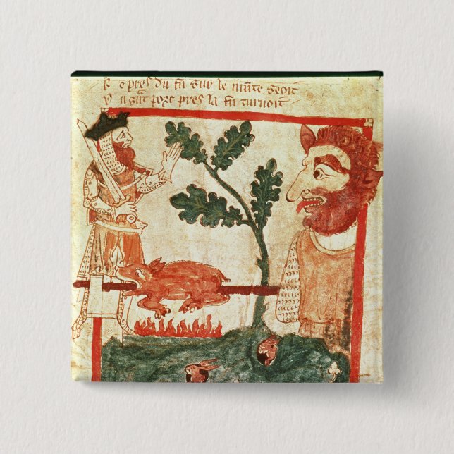 Arthur meets the giant roasting a pig on a 2 inch square button (Front)