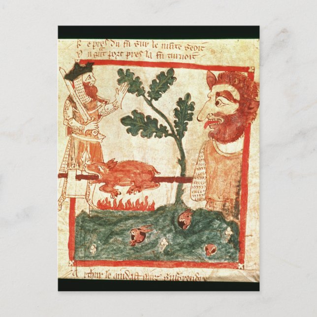 Arthur meets the giant roasting a pig on a postcard (Front)