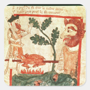 Arthur meets the giant roasting a pig on a square sticker