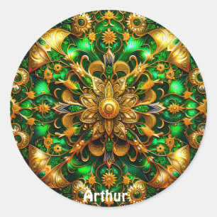 ARTHUR ~ Shiny Green and Gold Christmas ~ Classic Round Sticker