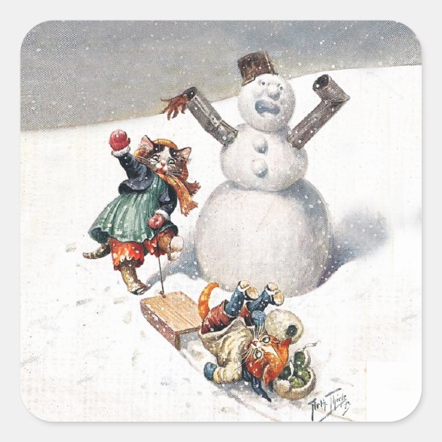 Arthur Thiele Cats Playing in the Snow Square Sticker (Front)