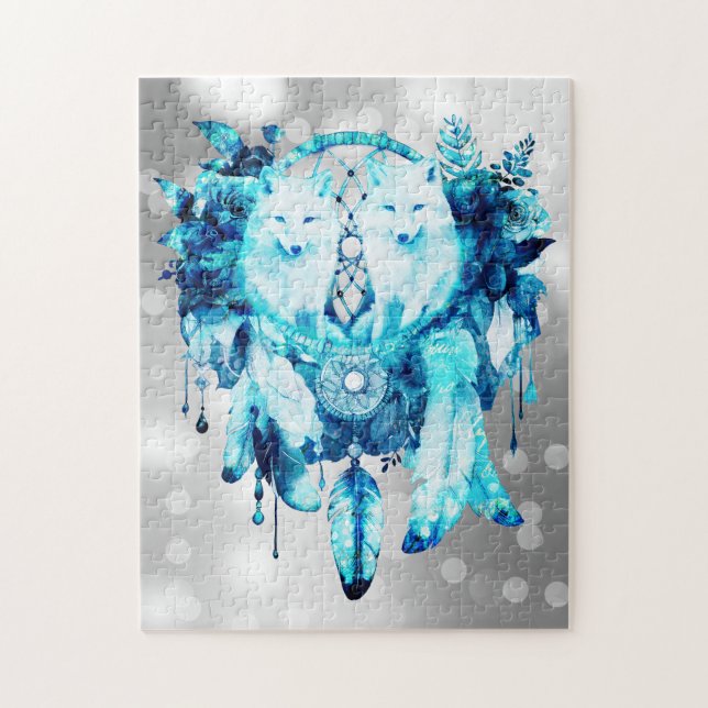 Artic Fox Dreamcatcher Ice Blue Floral Jigsaw Puzzle (Vertical)