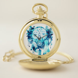 Artic Fox Dreamcatcher Ice Blue Floral Pocket Watch