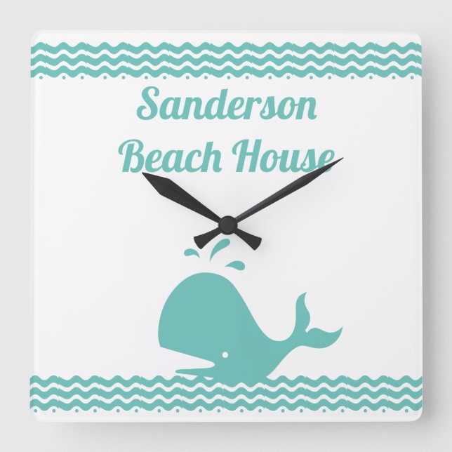 Artic Teal Blue Whale & waves Blue & White coastal Square Wall Clock (Front)
