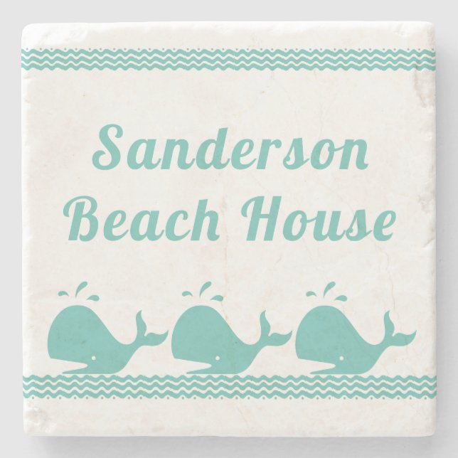 Artic Teal Blue Whale & waves Blue & White coastal Stone Coaster (Front)