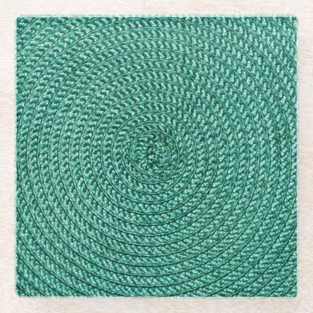 Artificial braided green fabric texture. glass coaster (Front)