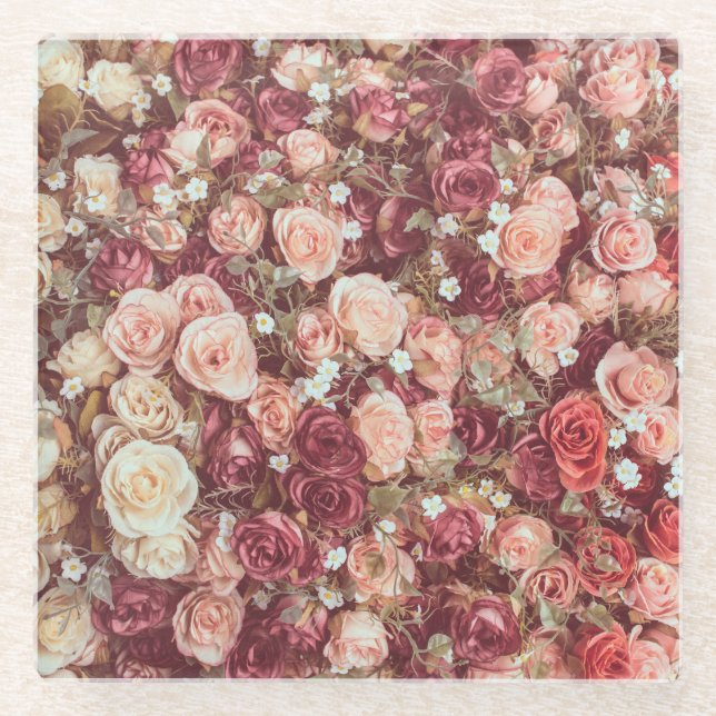 Artificial flowers, beautiful cloth background. glass coaster (Front)