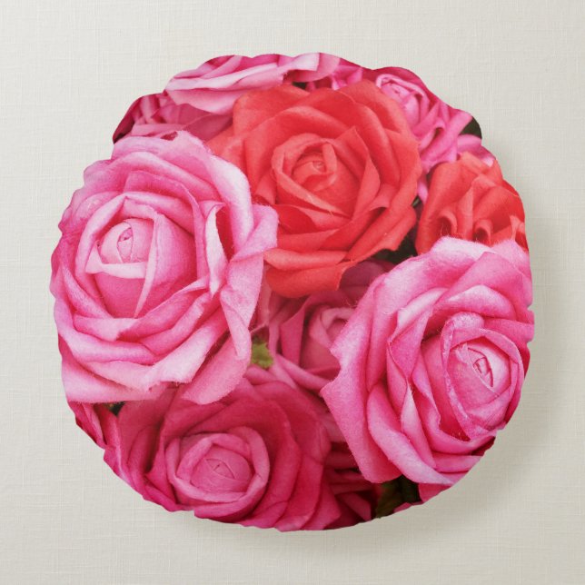 Artificial Red Rose Background Closeup Round Pillow (Front)