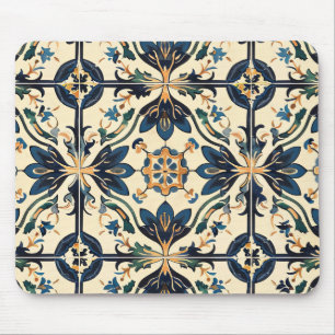Artisan Blue and Gold Floral Motif Mouse Pad