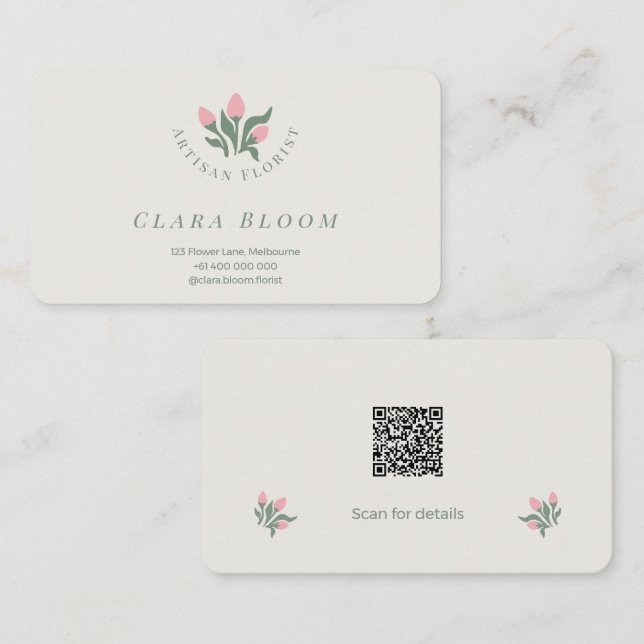 Artisan Florist Minimalist Botanical QR Code Business Card (Front/Back)