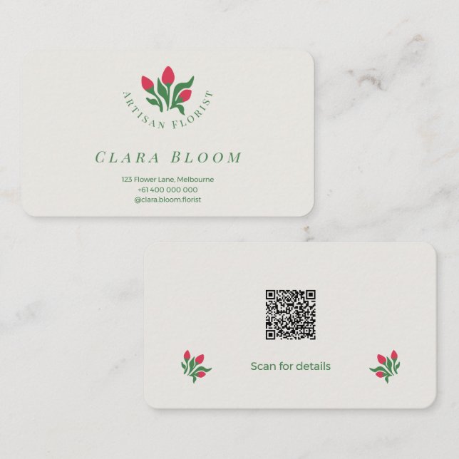 Artisan Florist Minimalist Botanical QR Code Business Card (Front/Back)