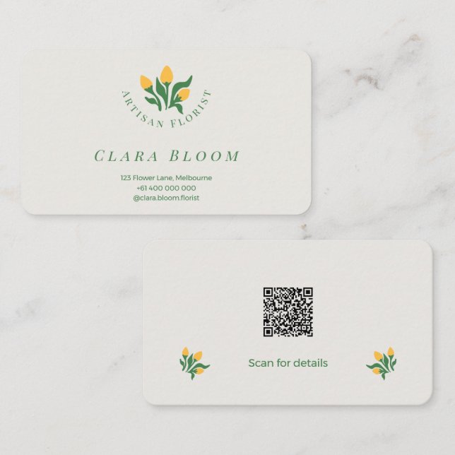 Artisan Florist Minimalist Botanical QR Code Business Card (Front/Back)