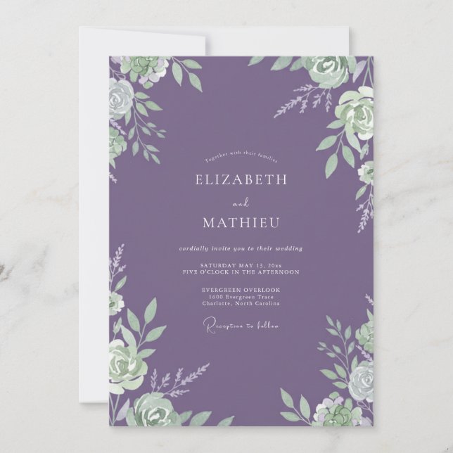 Artisan Mint Amethyst Petal Wedding Invitation (Front)