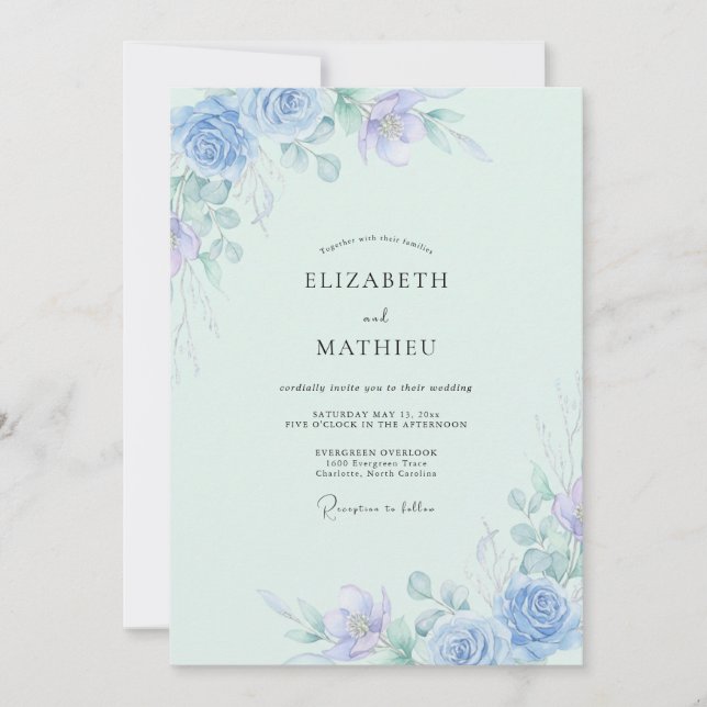 Artisan Mint Periwinkle Leafy Wedding Invitation (Front)