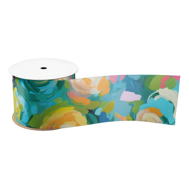 Artisan Paint Floral Bright Colours Summer Flowers Satin Ribbon (Spool)