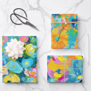 Artisan Painted Flowers Colourful Fun Florals Wrapping Paper Sheet