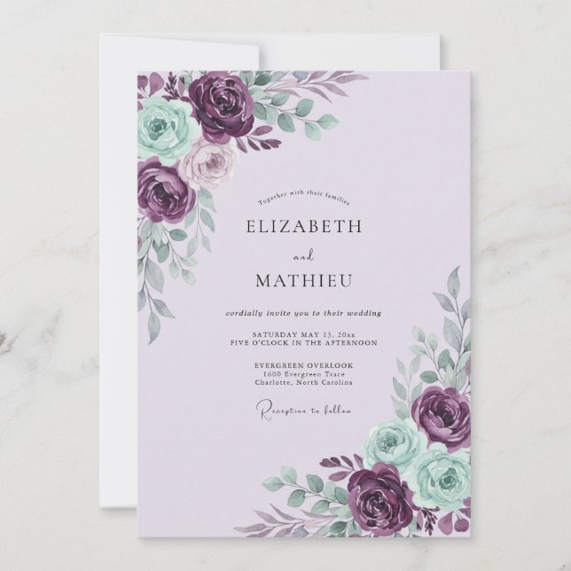 Artisan Plum Mint Leafy Wedding Invitation (Front)