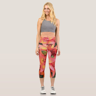 Artisitc Coral Coloured Garden Lilies Capri Leggings