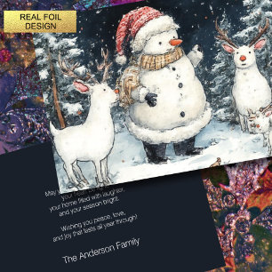 Artisitc Snowman Forest Illustration Christmas  Foil Holiday Card