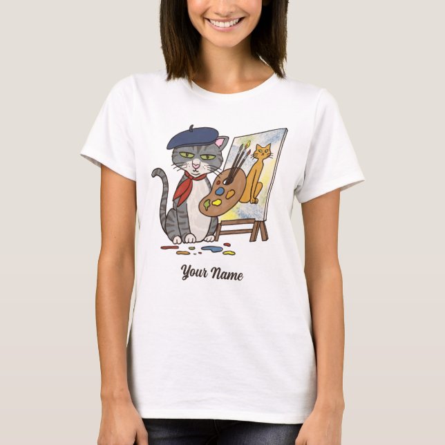 Artist Cat - Grey Tabby Painter Kitty Cat Lover T-Shirt (Front)