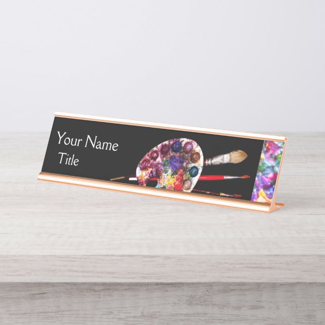 ARTIST COLOR PALETTE AND BRUSHES ,black Desk Name Plate (Front)