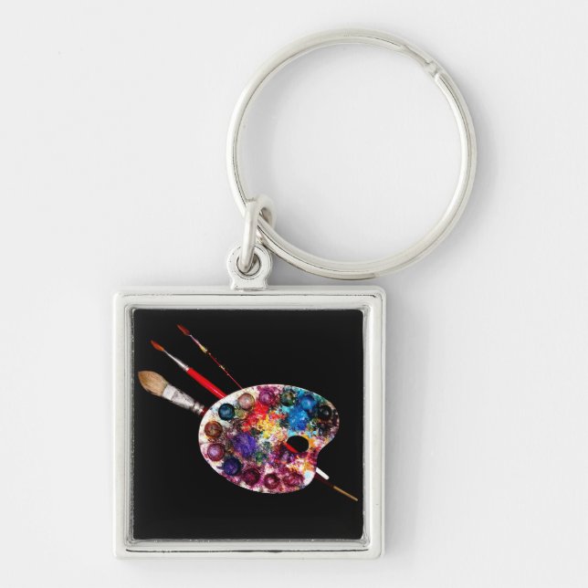 ARTIST COLOR PALETTE AND BRUSHES ,Black Keychain (Front)