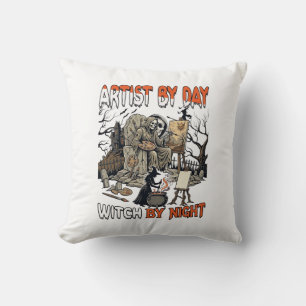 Artist Day Witch Night Halloween Skeleton Painter Throw Pillow