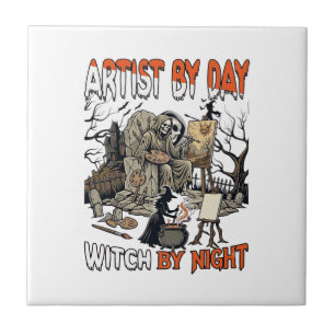 Artist Day Witch Night Halloween Skeleton Painter Tile