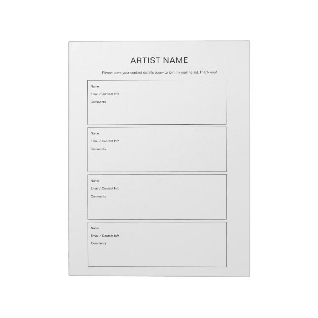 Artist Join Mailing List Art Show Notepad (Rotated)