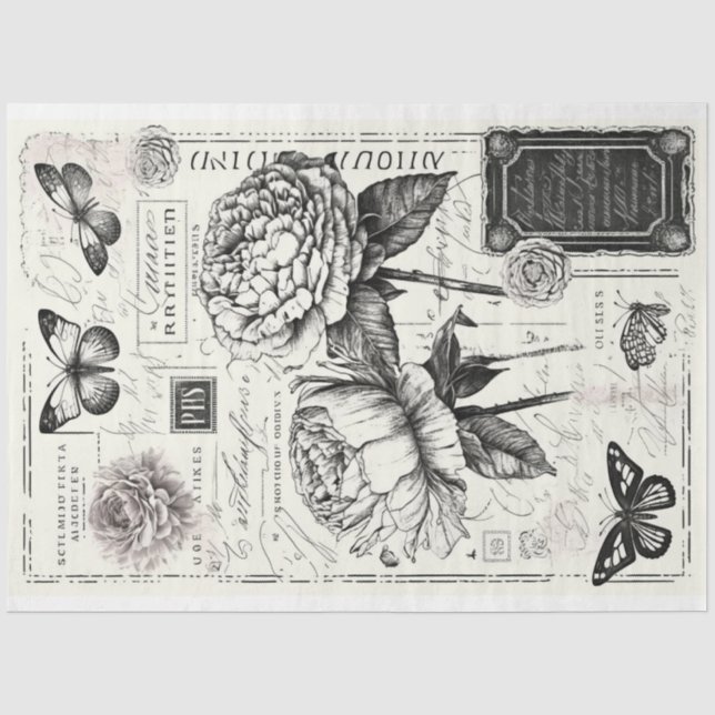 Artist Large Vintage Peony Butterfly Decoupage Tissue Paper (Front)